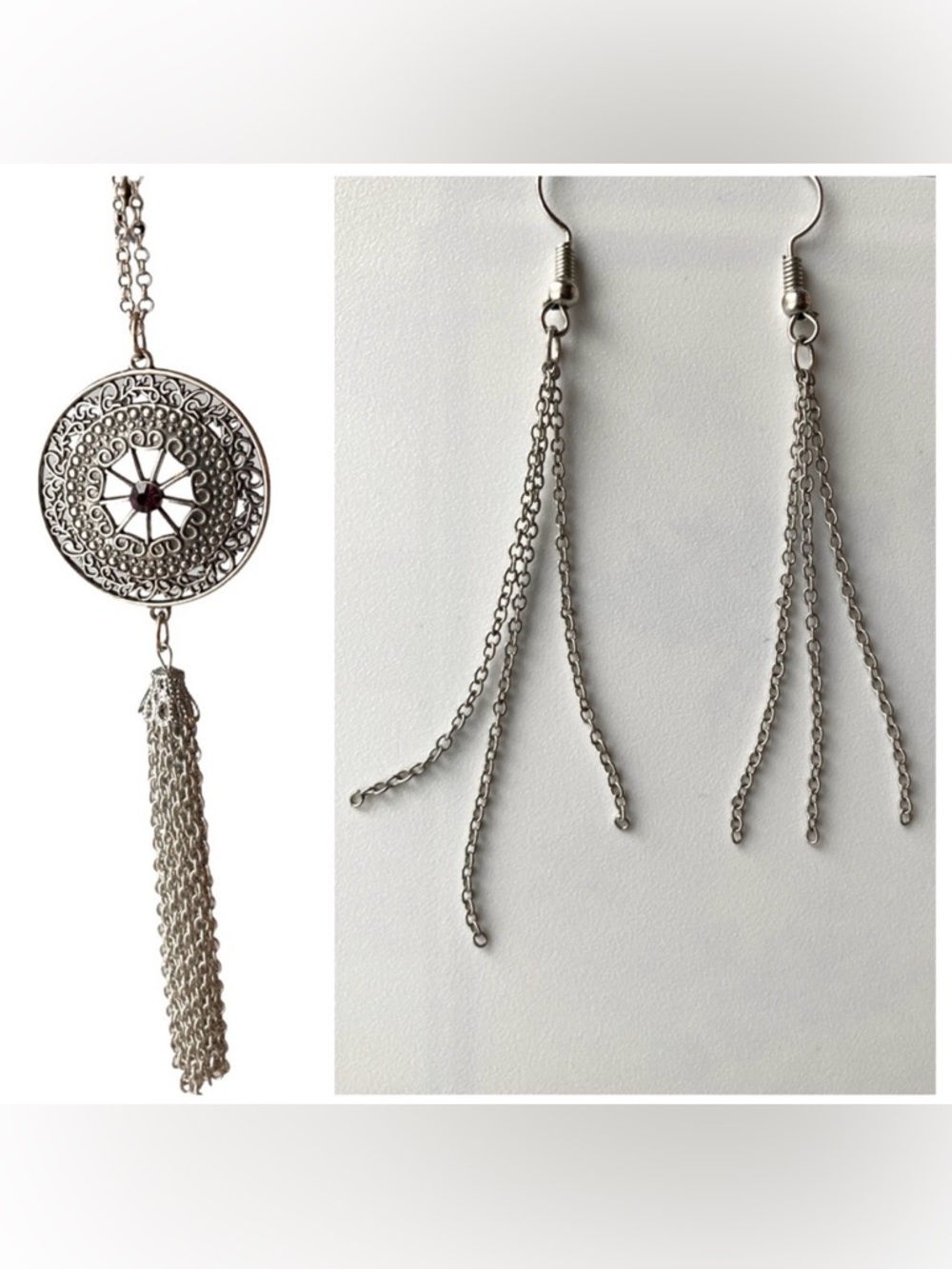 Boho Filigree Medallion Long Necklace And Matching Dangle Chain Earrings